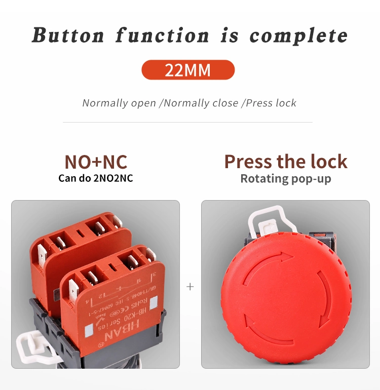 Red Head Mushroom 20A 660V Pin Terminal Plastic Switch Emergency Stop Button 22mm