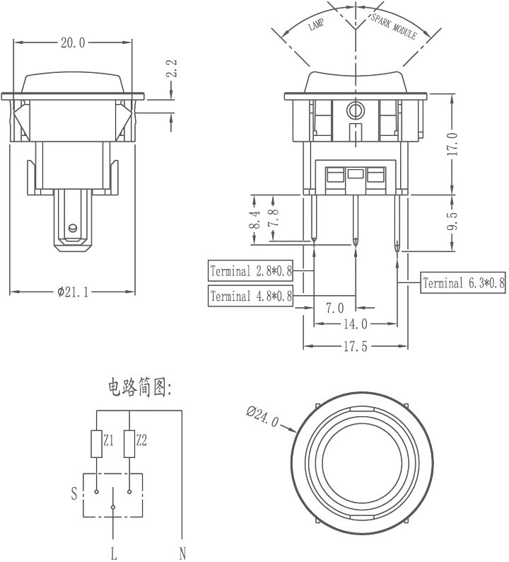 Kc UL VDE Kcd1 Grey Balck White 20mm 3pin on-on Round Rocker Switch T125